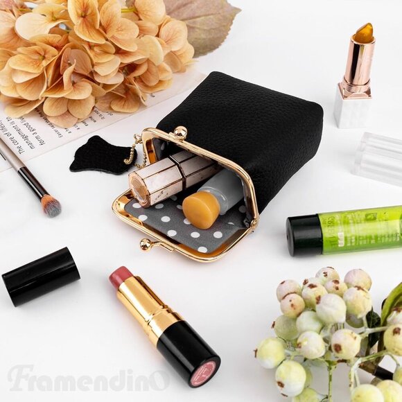 Vintage Black Leather Kiss Lock Coin Purse - Compact Portable Mini Wallet for Tr - Picture 2 of 8